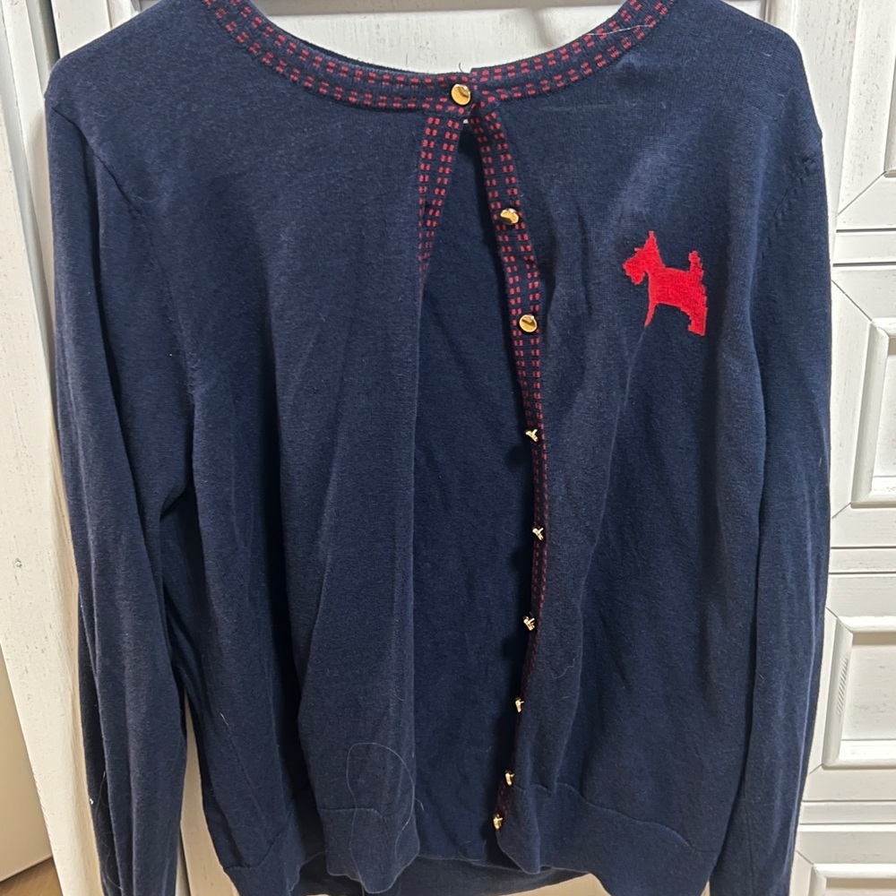Navy Blue Cardigan with Red Dog Embroidery
